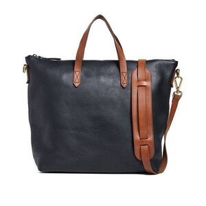 $198 Madewell Black Tan Genuine Leather Zip Top Transit Tote Crossbody Bag EUC
